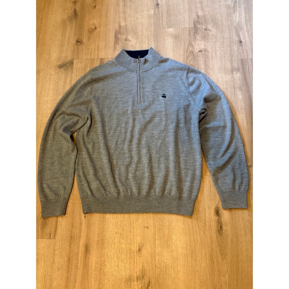 Brooks Brothers 346 Sweater L Grey Merino Wool Quarter Zip Logo Preppy Old Money